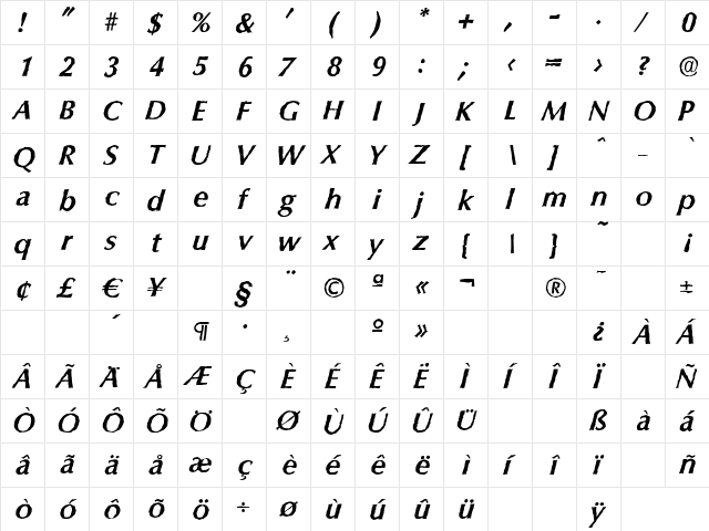 ColumbiaAntique BoldItalic  glyph index