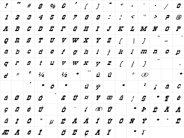 All Night 8 Italic  glyph index