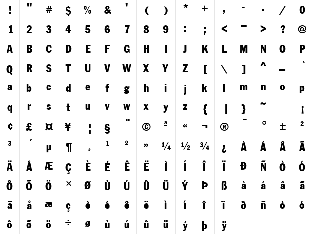 Franklin Cond. Gothic Regular  glyph index