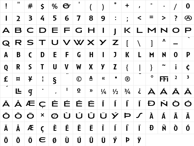 Anisette Medium  glyph index