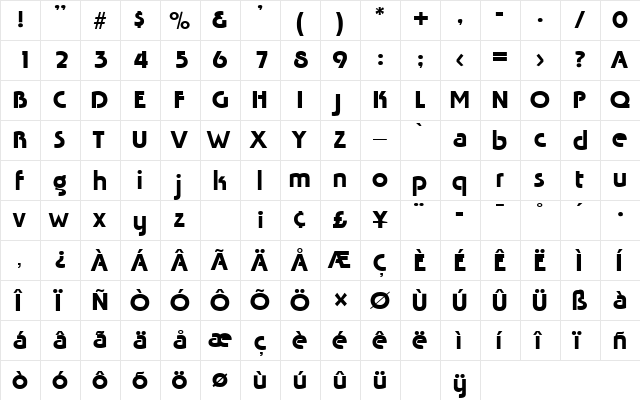 Tabasco Regular  glyph index