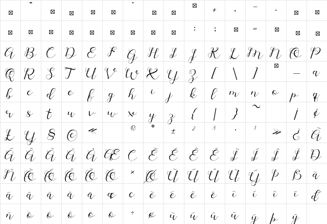 Dyana Regular  glyph index