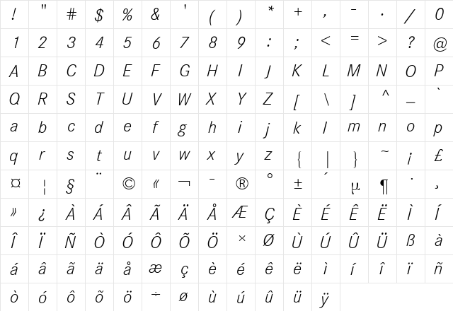 Corporate S BQ Light Italic  glyph index