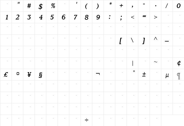 ClaremontMedItalTab Roman  glyph index