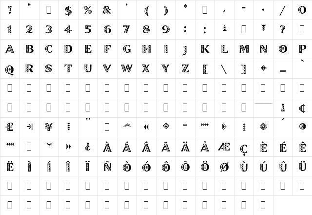 Zinjaro Regular  glyph index