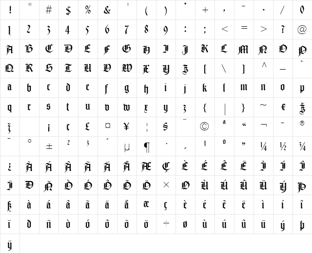 NotreDame LT Roman Regular  glyph index