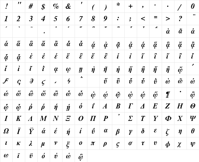 GreekTimesAncientSSK BoldItalic  glyph index