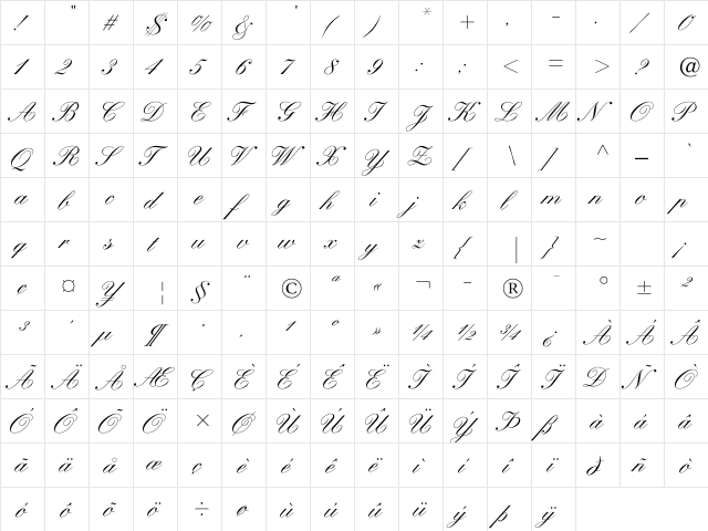 HeatherScriptC Regular  glyph index