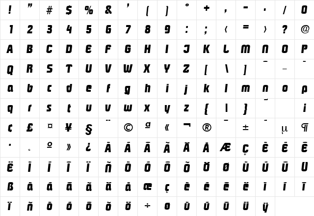 Pasadena-Serial-ExtraBold RegularItalic  glyph index