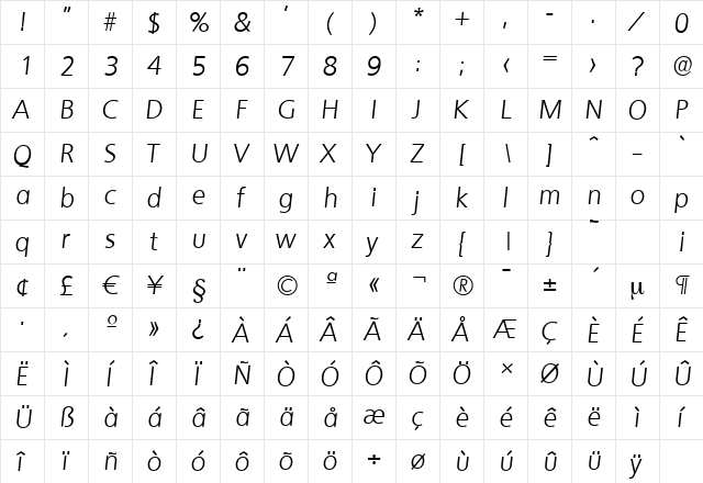 QuebecSerial-Light Italic  glyph index