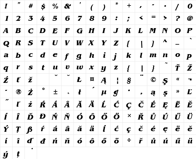 BenguiatItcTEE Bold Italic  glyph index