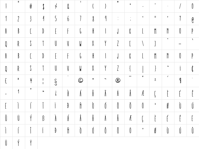 Aracne Ultra Condensed Regular Ultra-condensed Regular  glyph index