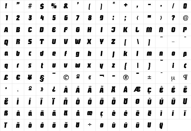 MaxBecker-Heavy Italic  glyph index