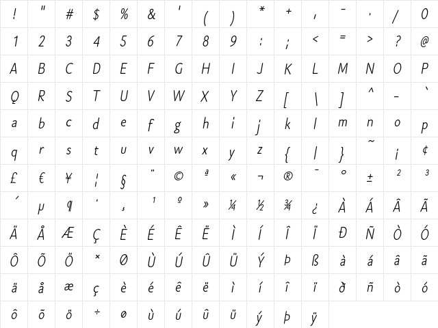 Cen Pro Normal Italic  glyph index