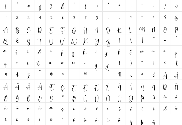 Mirrabella Regular  glyph index