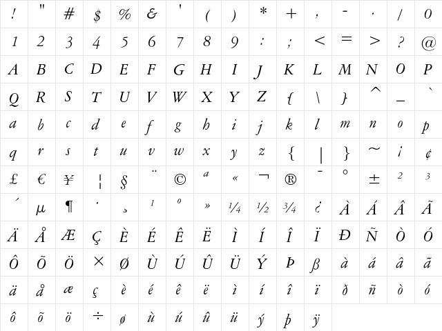 American Garamond Italic  glyph index