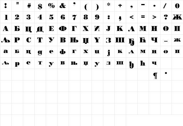 Bodoni Roman Cirilica Regular  glyph index