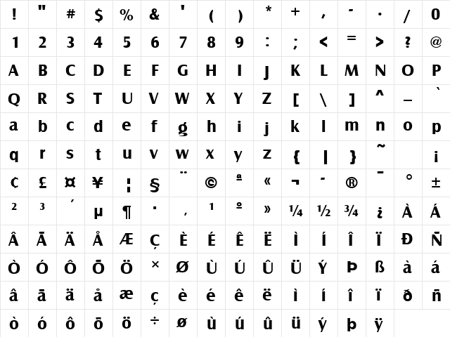 Castle Bold  glyph index