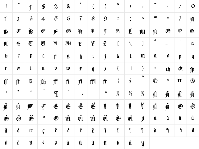 MA Gotic Normal  glyph index