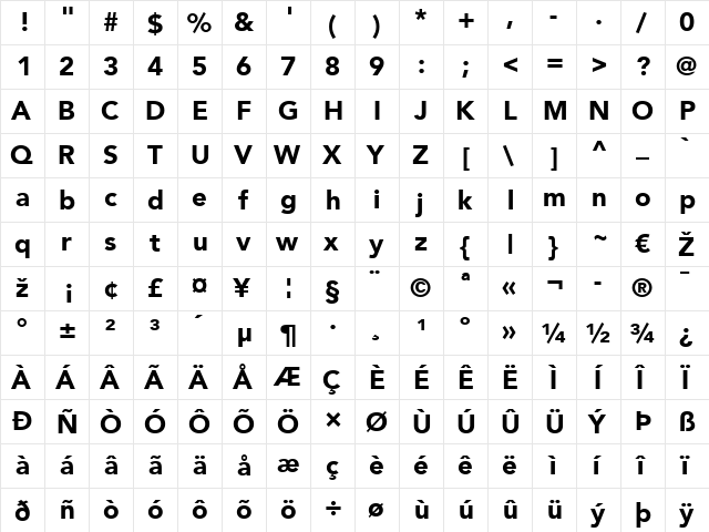 Avenir LT 65 Medium Bold  glyph index