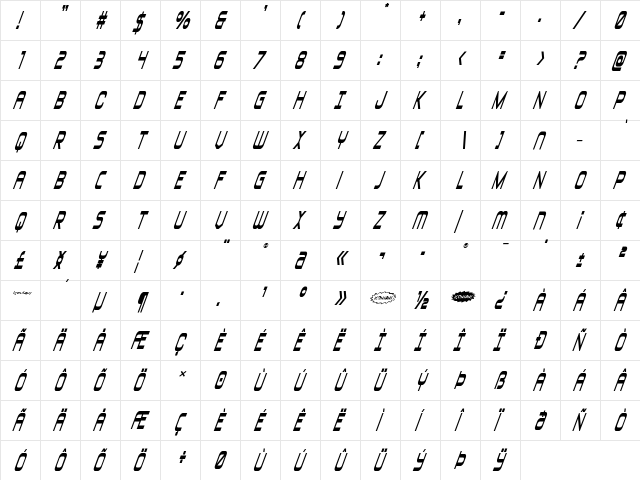 Blizzard Shaft Super-Italic Regular  glyph index
