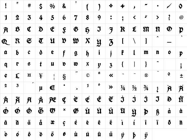 UnifrakturCook Bold  glyph index