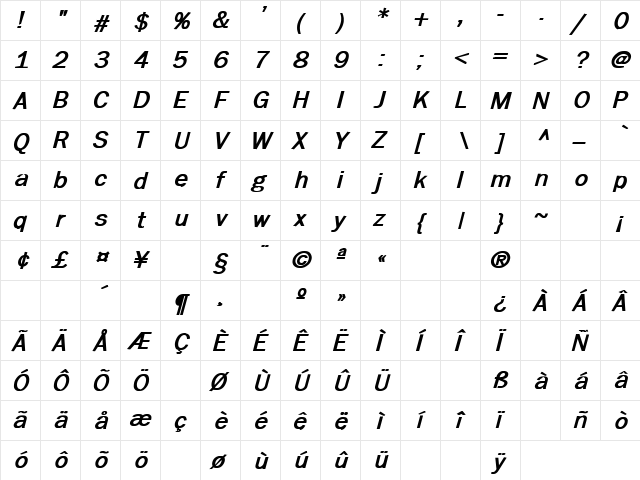 Moby Dick 5 Bold Italic  glyph index