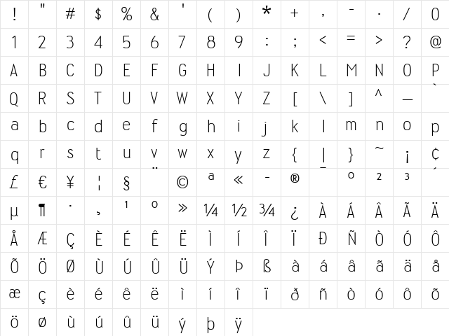 Wyvern Lt Regular  glyph index