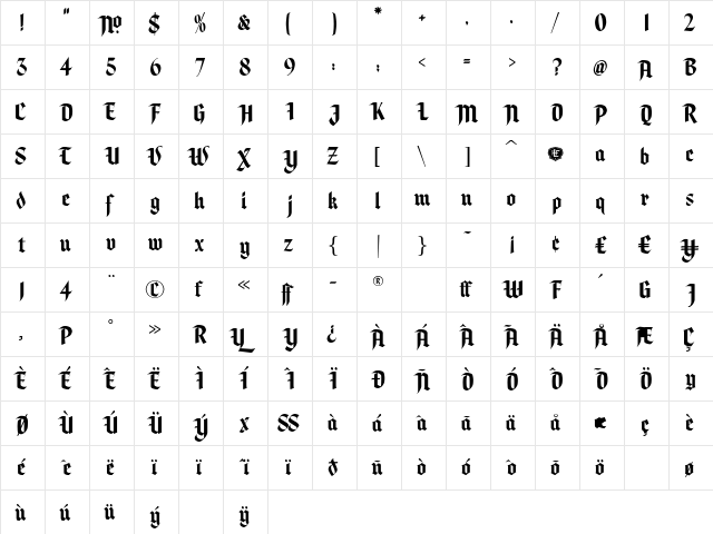 LHF Stratford Regular  glyph index