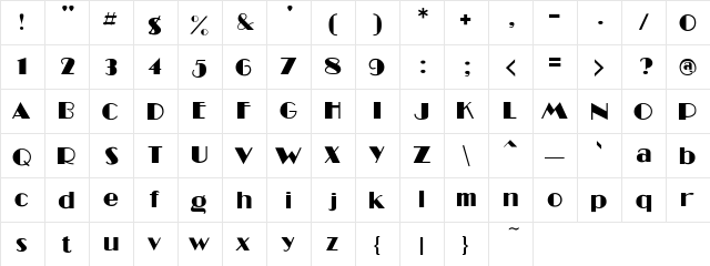 Centennial Regular  glyph index