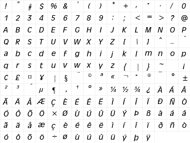 Antique Olive (W1) Italic  glyph index