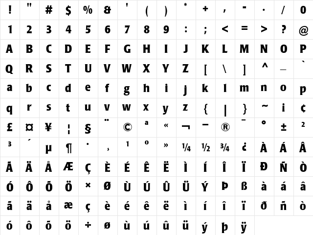 Poppl-Laudatio-Condensed Bold  glyph index