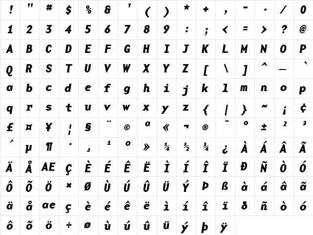 BaseMono WideBoldItalic  glyph index