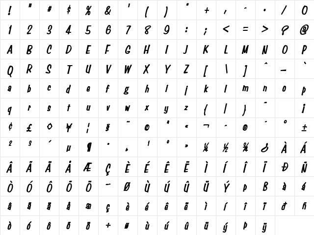 Simpson Condensed Heavy BoldItalic  glyph index