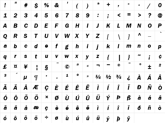 ITCFranklinGothic-Demi DemiItalic  glyph index