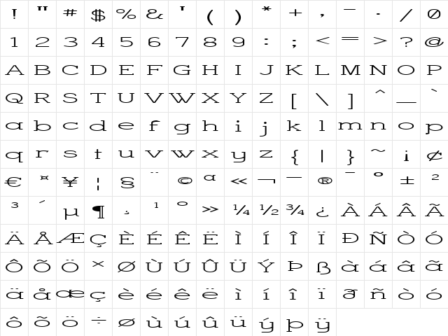 Charrington Superwide Regular  glyph index