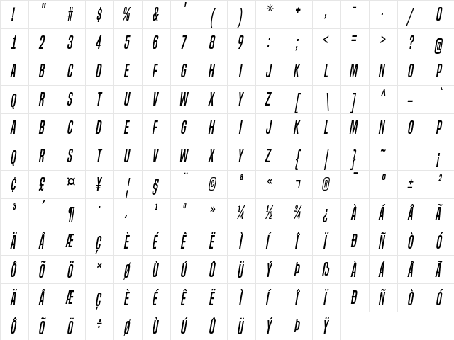 Built Titling Italic  glyph index