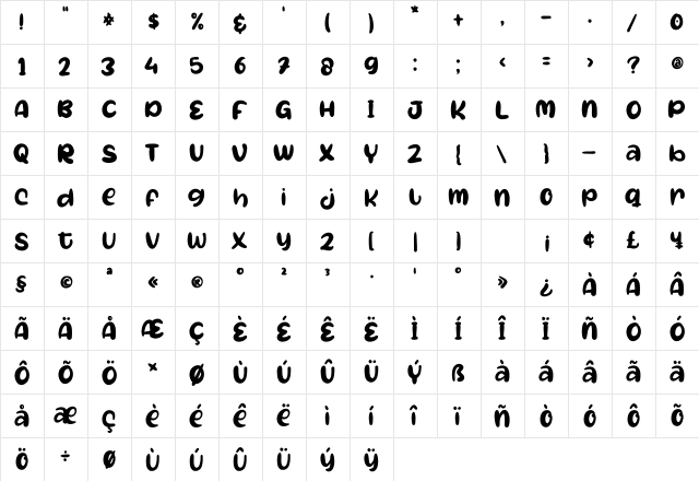 Oh My Baby Regular  glyph index