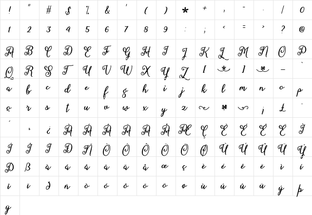 March Calligraphy Regular  glyph index