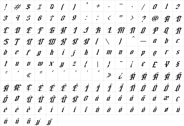 Classic rock band Italic Regular  glyph index