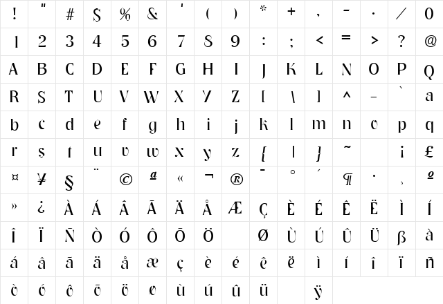 NashvilleLH Regular  glyph index