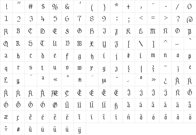 Buchkunst Regular  glyph index