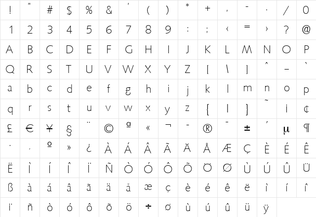 RogerBecker-ExtraLight Regular  glyph index