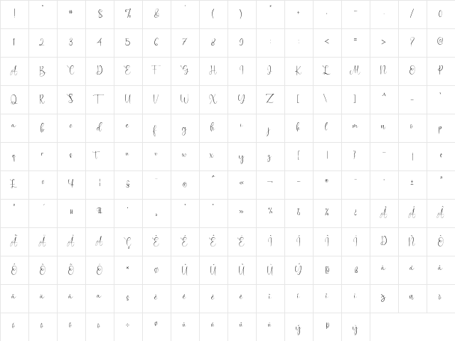 Caitlin Angelica Regular  glyph index