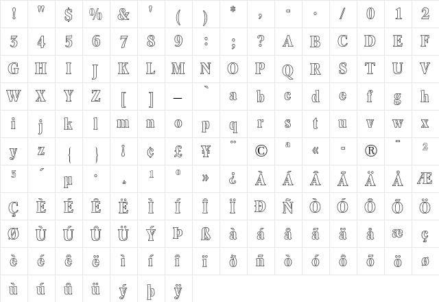 Concorde BE Bold Condensed Outline  glyph index