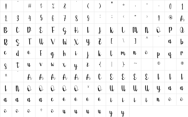 Caramello Regular  glyph index