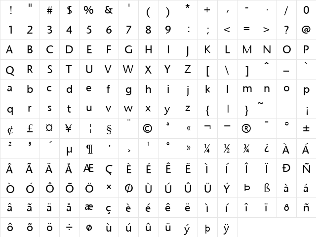 Optimist Normal  glyph index