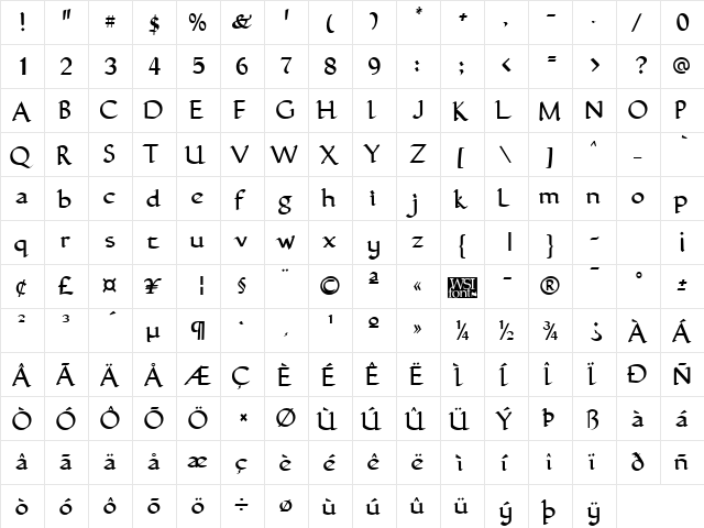 GuntherCalligraphic Regular  glyph index