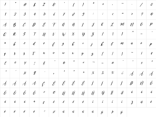 Kayonna Italic Regular  glyph index