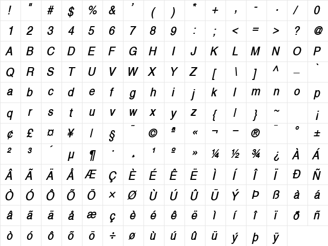 Alps Condensed BoldItalic  glyph index